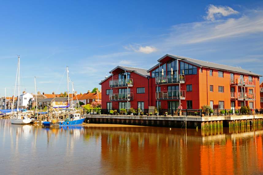 Quayside apartments beside the River Colne in Wivenhoe,Essex,UK